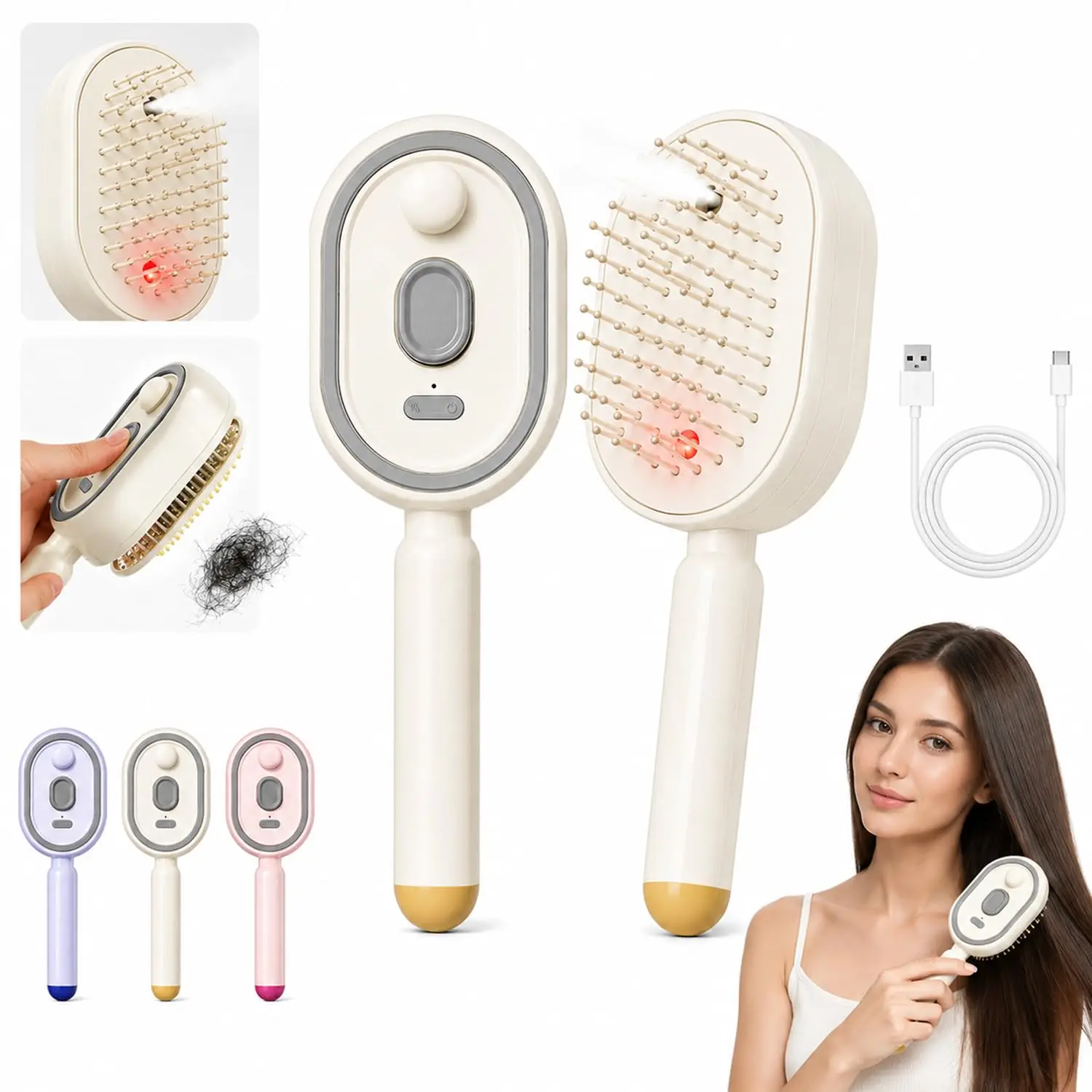 Electric Air Cushion Massage Spray Comb, Hair Brush With Water Spray, Self-Cleaning Anti-Tangle Anti-Static For Frizzy Hair