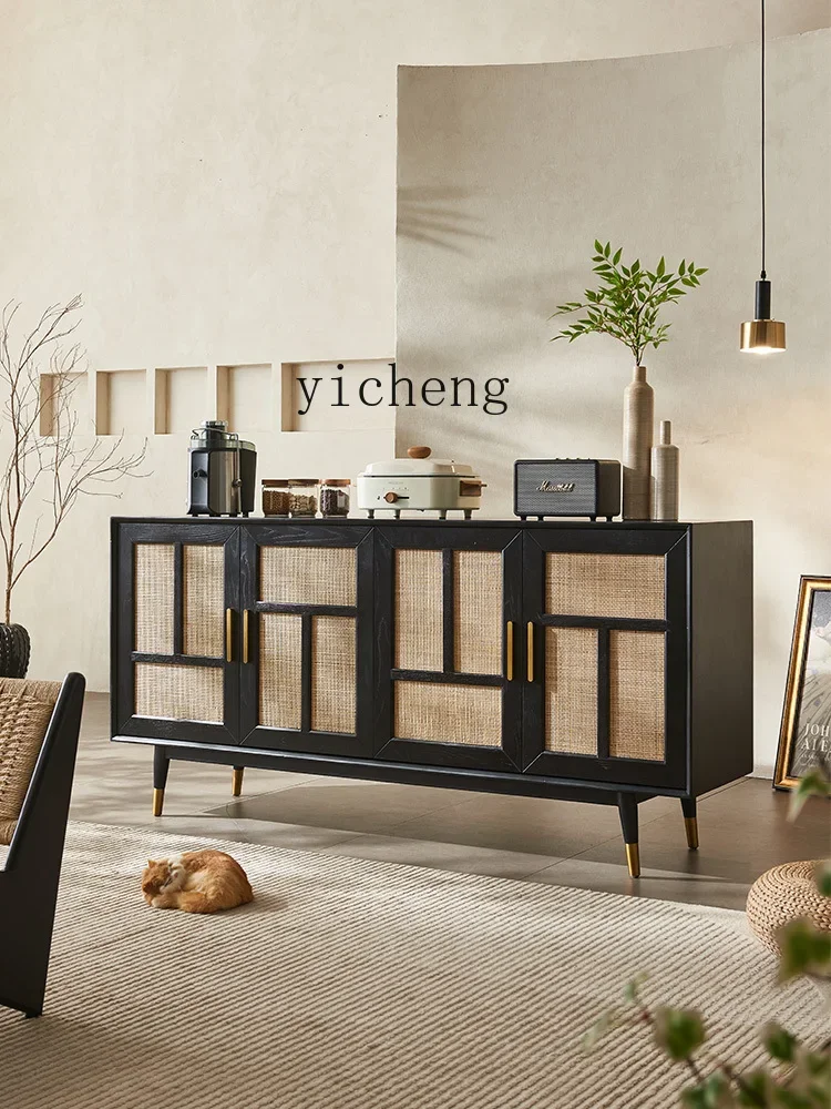 ZC Solid Wood Rattan Sideboard Cabinet Retro Domestic Wall Tea Cabinet Simple Entrance Cabinet Living Room Storage Cabinet