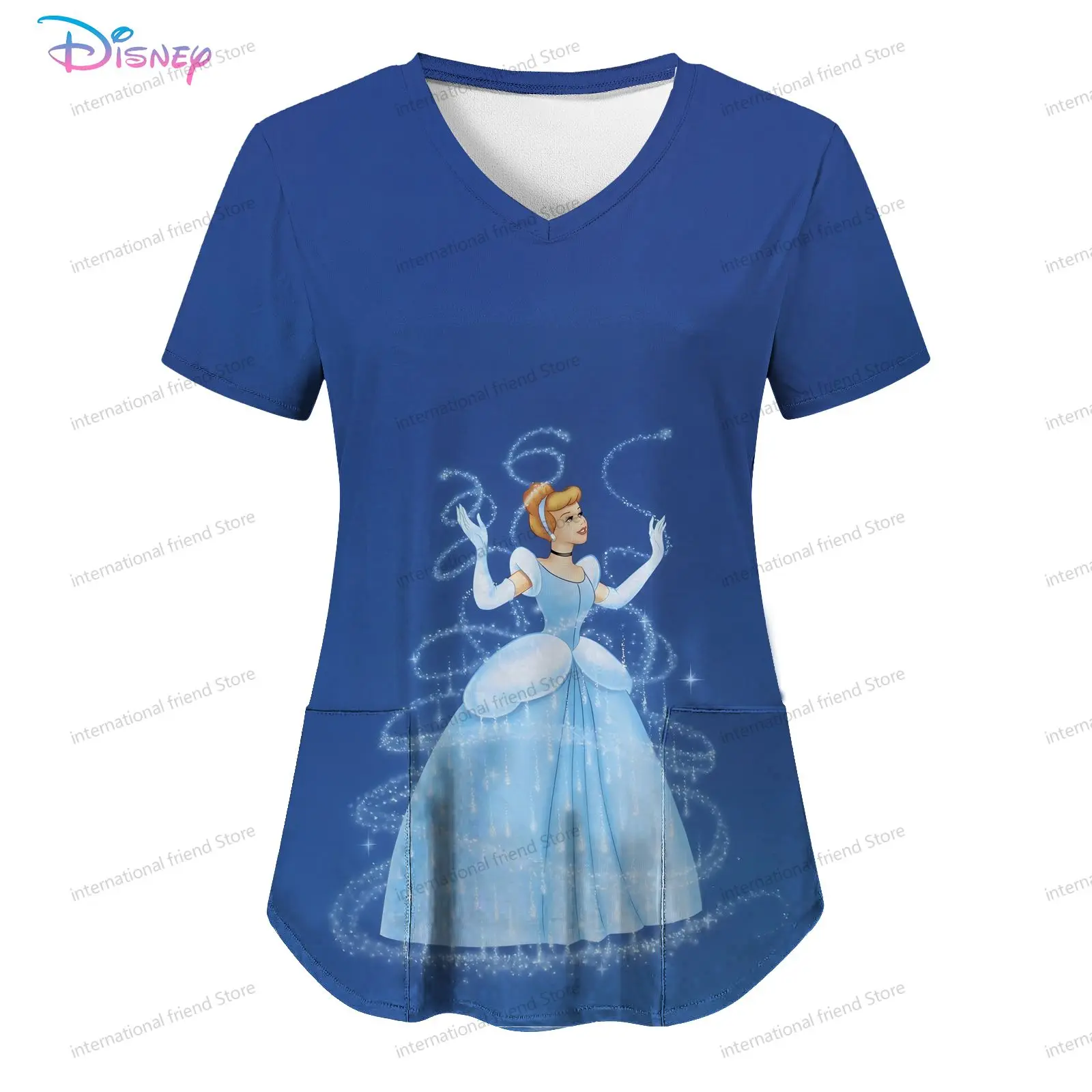 Disney Princess Pocket Women's V Neck Nurse Uniform T-Shirt S-2XL New Dress Kawaii Summer Y2k Cheap Top Youthful Woman Clothes