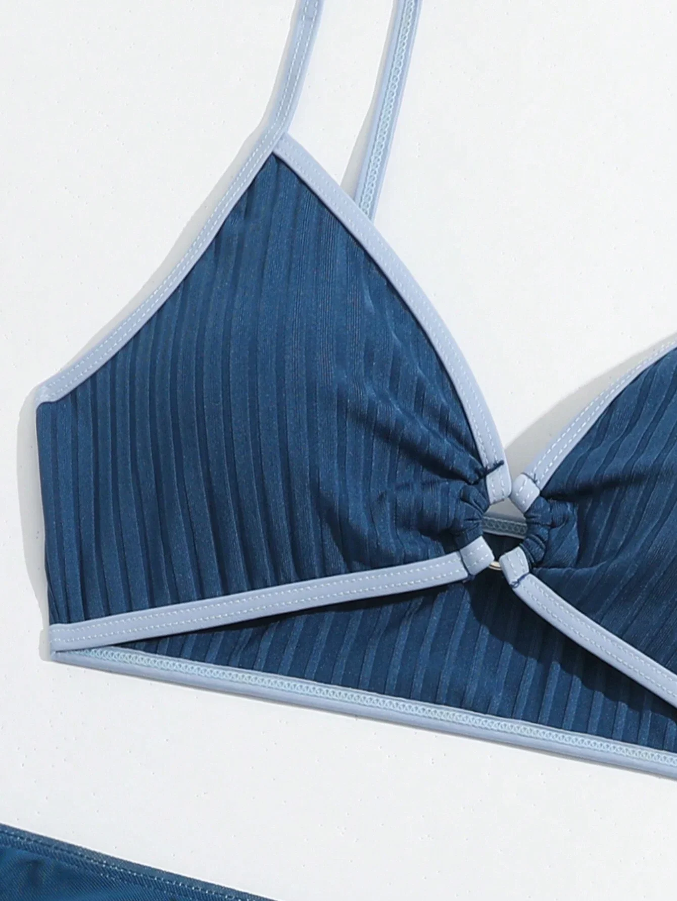 

Синий ребристый пляжный комплект для девочек-подростков из 3 предметов: топ с завязками и сетчатая юбка с молнией