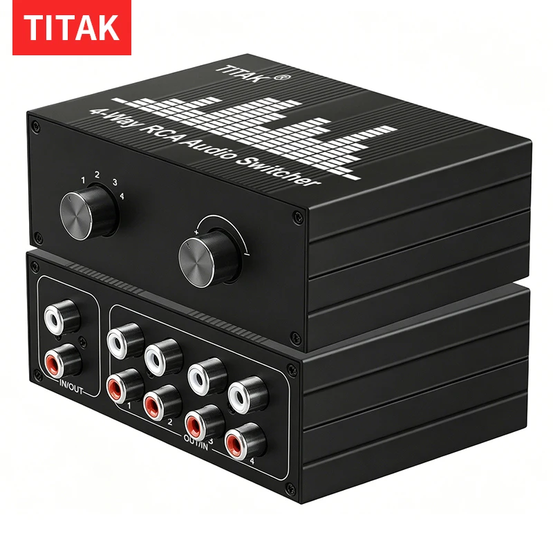 4-Channel RCA Audio Selector Bi-Directional 1-in-4-out 4-in-1-out Stereo Sound Switcher L/R Jack for Studio Speaker