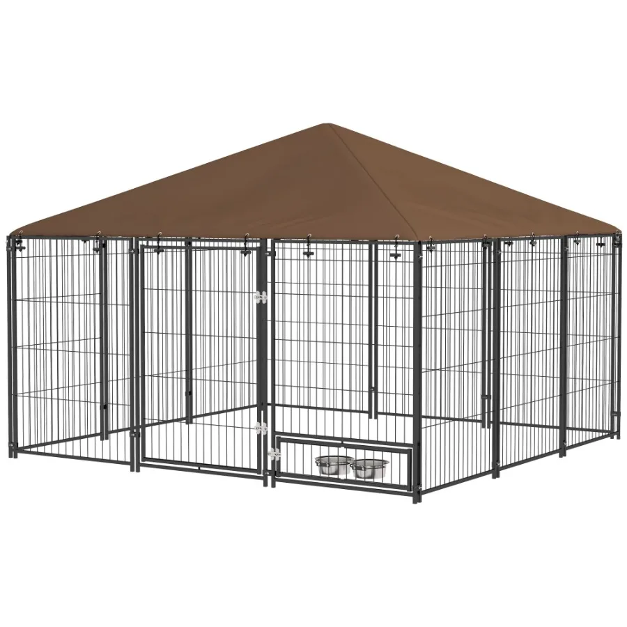 

PawHut 6.9'x6.9'x5' Outdoor Dog Kennel with Canopy Coffee Garden Playpen Fence Crate Enclosure Cage Rotating Bowl Secure Pet Pl
