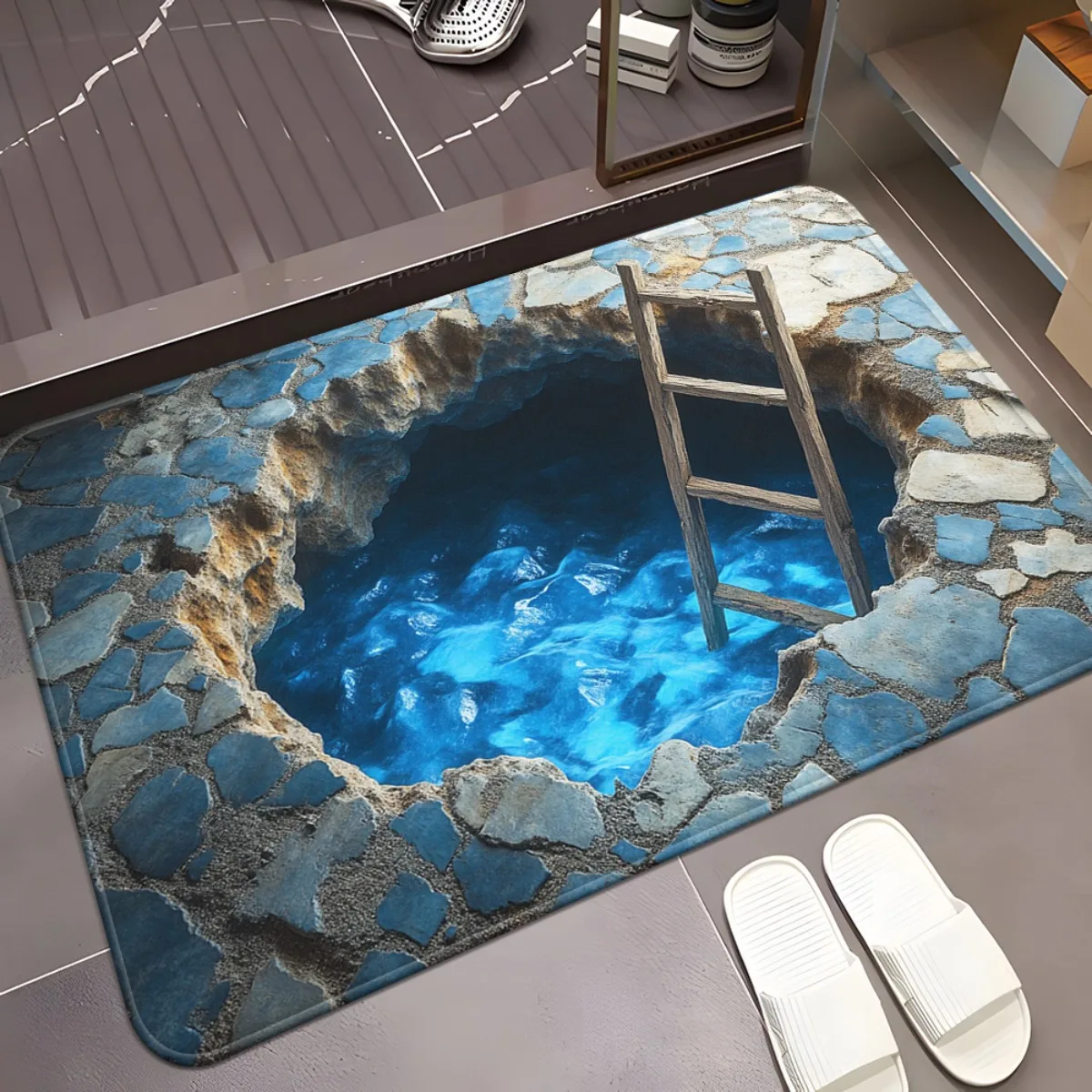 3D Blue Pool Ladder Stone Pattern Door Mat Realistic Water Effect Bath Mat Waterproof Absorbent Floor Rug For Bathroom Kitchen