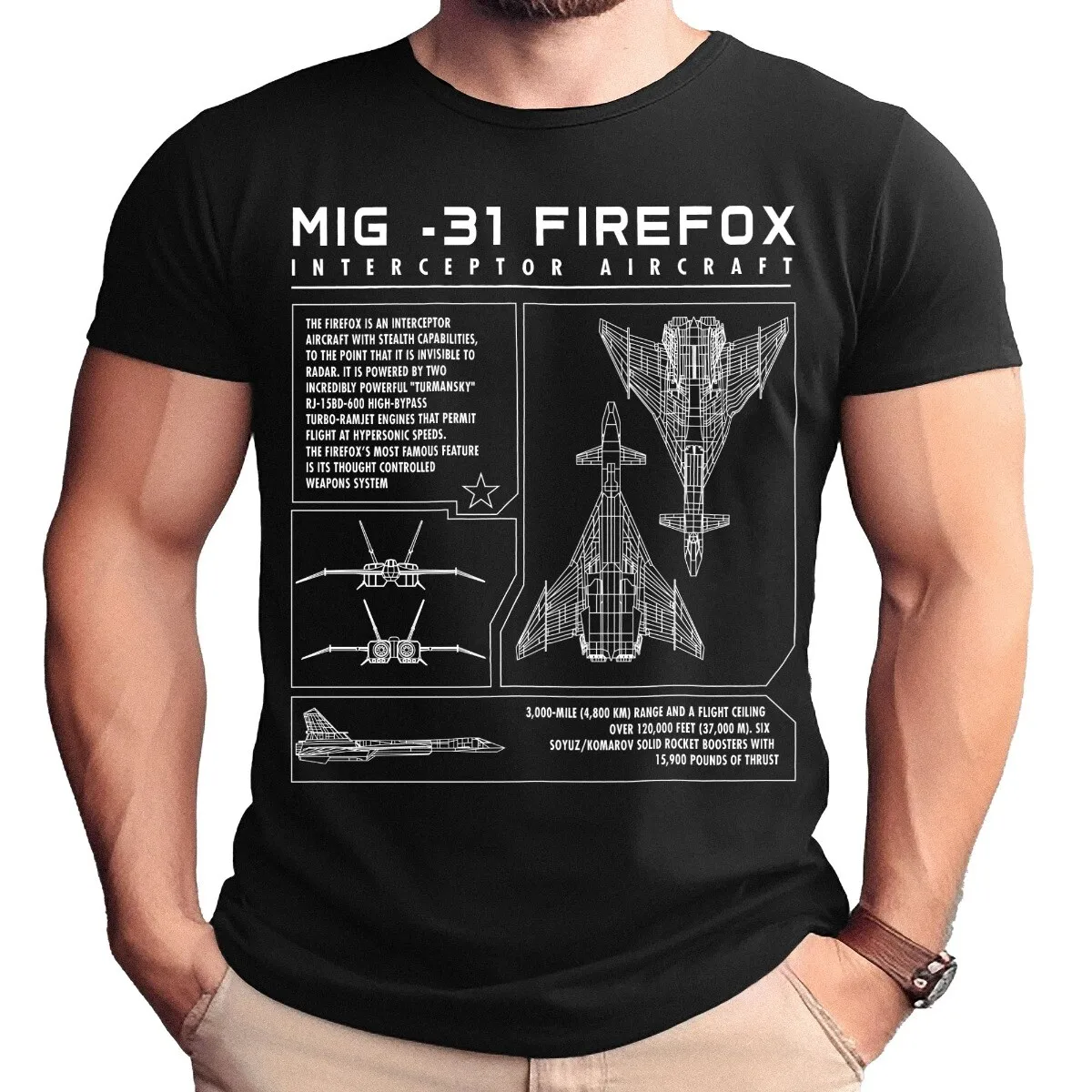 Soviet Russian MiG-31 Firefox Interceptor Aircraft Schematic T-Shirt 100% Cotton O-Neck Short Sleeve Summer Casual Mens T-shirt