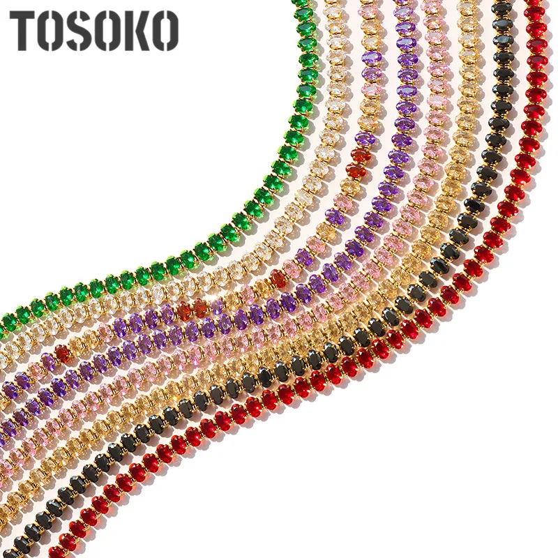 

TOSOKO Stainless Steel Jewelry 18K Bracelet Necklace Geometric Color Zircon Jewelry Set BSP1163-BSE314