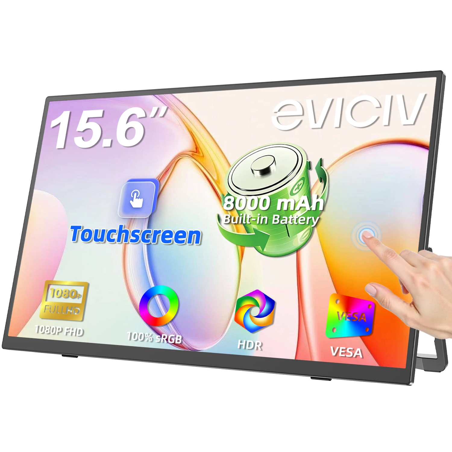 Image of EVICIV 15,6 "10-Punkt-Touch-tragbarer Monitor Touchscreen mit Batterie 8000mAh für Reise Display 1080P IPS 100% sRGB Augenpflege USB-C & MINI HDMI zweiter Bildschirm für Laptop Computer