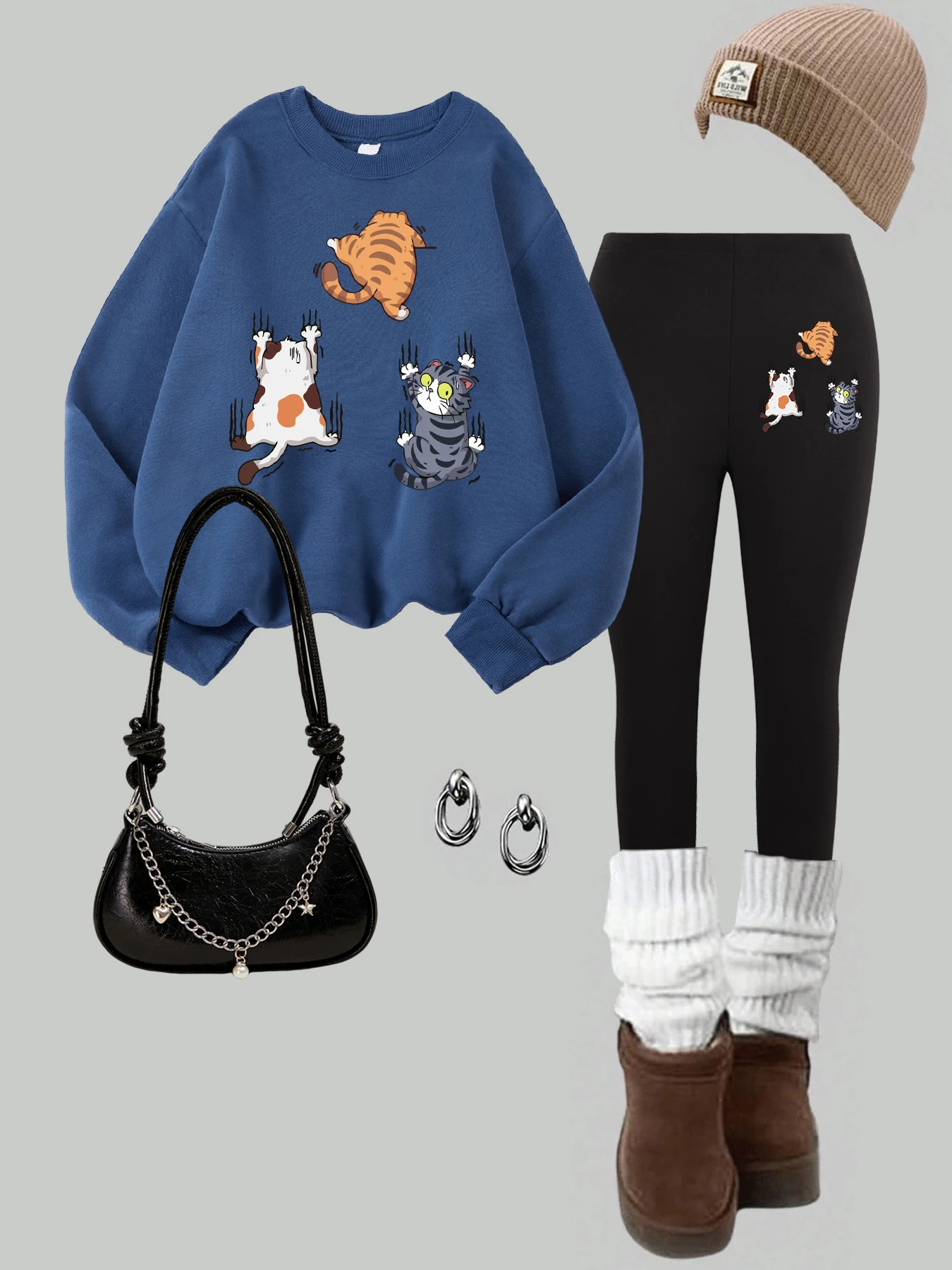 Three Cats Climbing Upwards And Escaping Prints Pullover Women Autumn Fleece Sweatshirt Set Warm Leggings Soft Casual Clothing