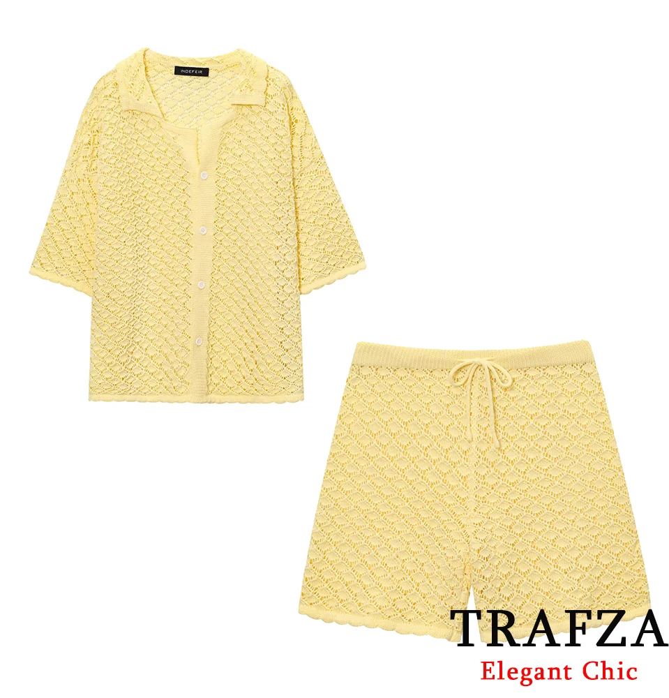 

TRAFZA Women Casual Hook-Flower Shorts Set Hollow Short-sleeved Shirt Or Drawstring Shorts 2025 Summer Holiday Beach Shorts Set