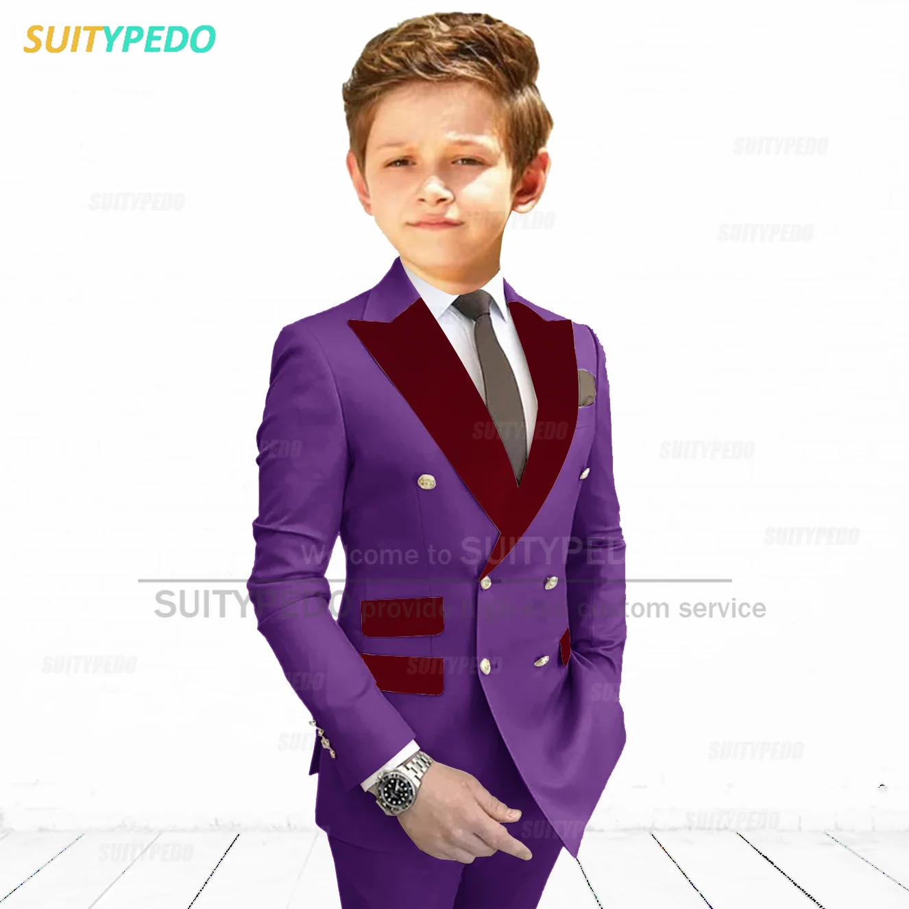 Burgundy Peaked Lapel Boy\'s Suit Set Children Prom Formal Blazer Pants Two Pieces Wedding Flower Kid Slim Fit Tuxedo Outfits