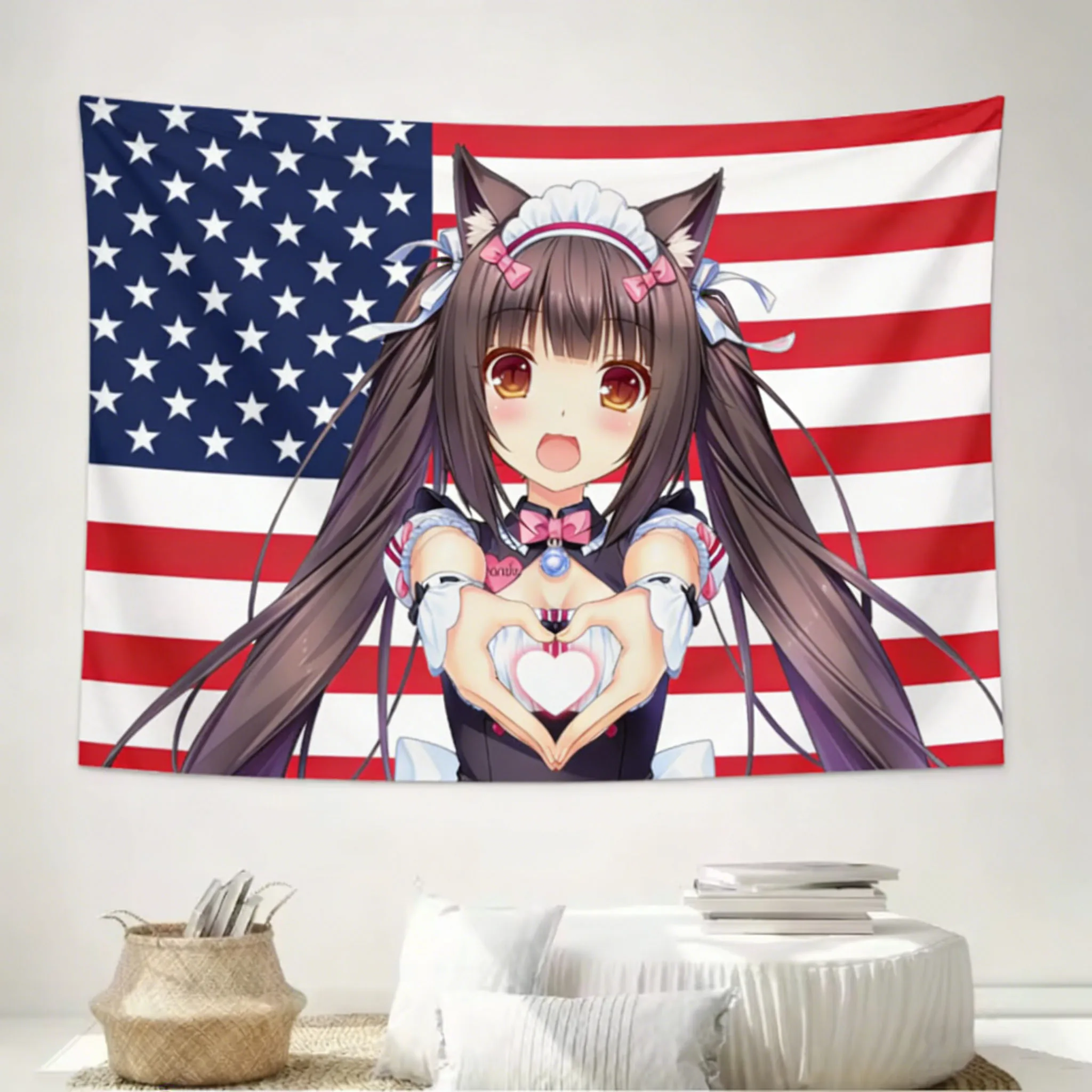 N-NEKOPARA Niedlicher Mädchen-Wandteppich, Heimdekoration, Hintergrundstoff, Wandteppich-Design mit amerikanischer Flagge, Geschenk für Fans und Studenten.
