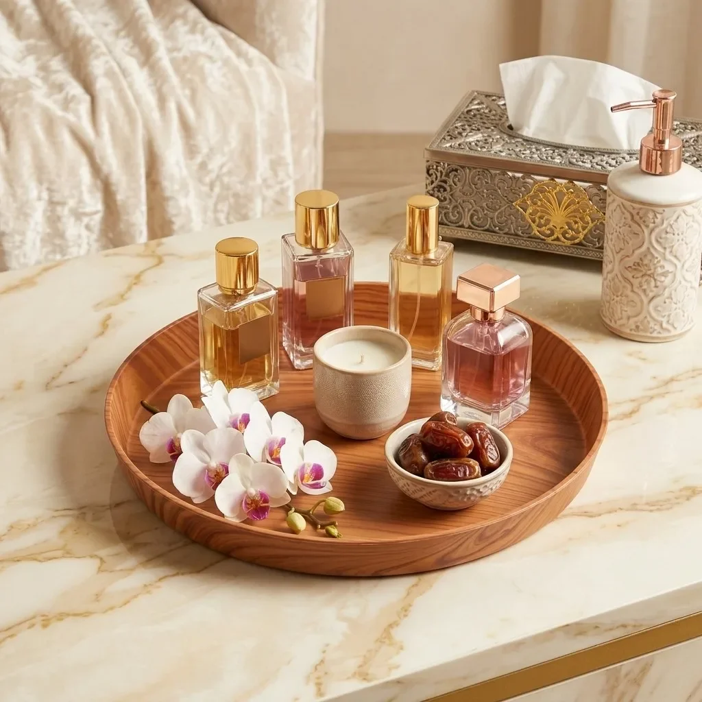 Wood Grain Plastic Round Vanity Tray Makeup Organizer Stackable Bathroom Counter Perfume Stand Cosmetic Storage Dressing Table