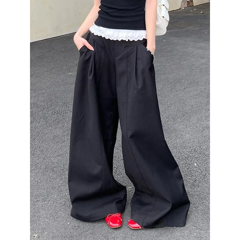 PBAP مكشكش الدانتيل مطوي السراويل واسعة غير رسمية النساء منخفضة الخصر التباين المرقعة ثنيات صالة البدلة بنطلون ملابس الصيف الرجعية #1