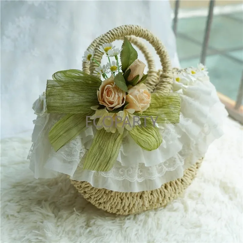 Pastoral Style Lolita Hat Sen Series Small Fresh Lolita Woman Hat with Lace Ribbon Silk Flowers Straw Hat Tea Party Flat Hat