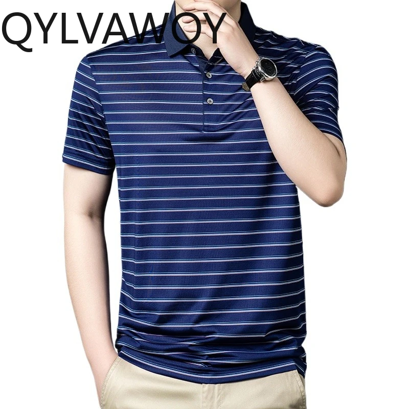 

Мужские рубашки QYLVAWOY, рубашка-поло из 100% шелка тутового шелкопряда, летняя футболка премиум-класса для мужчин, полосатые топы с короткими рукавами, Camisas Masculina