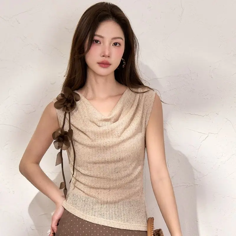Women's Summer Sleeveless Strap Vest Outerwear Design Sense Hanging Neck Design 3D Flower Pattern Atmospheric Feel Good to Wear