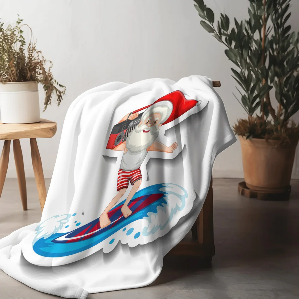 TU Santa Claus Surfing Beach Throw Blanket Christmas Holiday Coastal Home Decor Gift Novelty Cozy Warm Decorative Fleece