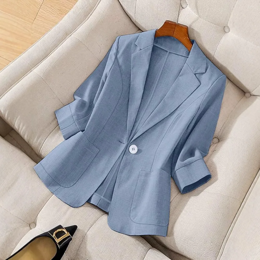 Blue Small Suit Collar Jacket Women's Medium-sleeved New Professional Leisure Fashion Temperament Versatile And Trendy