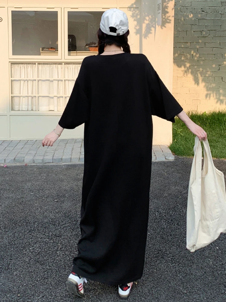 NYFS 2025 فستان صيفي نسائي مطبوع على الطراز الكوري فضفاض مقاس كبير بأكمام قصيرة فستان طويل رداء Elbise