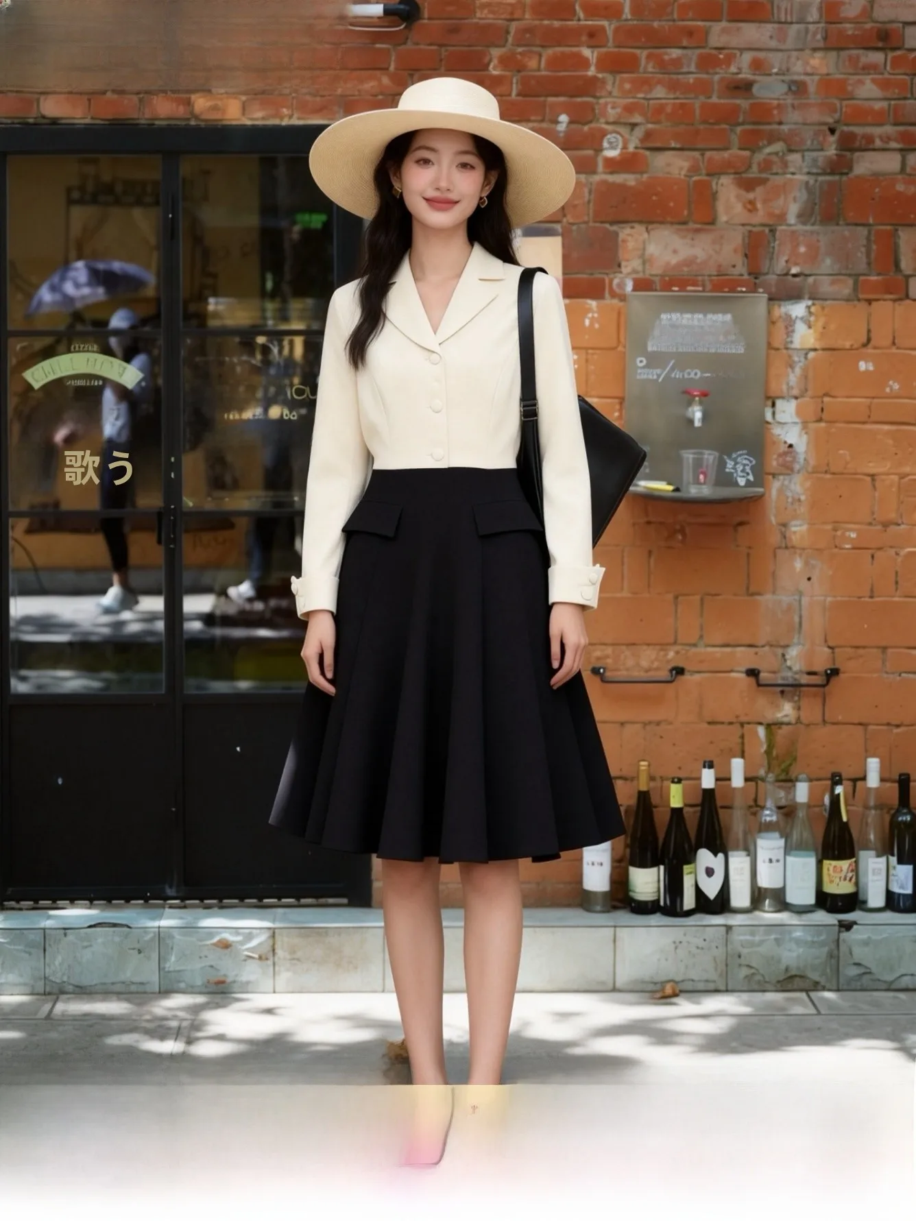 Ele Bla Suit Dr irt Collar Color Blo Commute Skirt French Sle Polyester Fiber High Waist X-ape Busin Casual