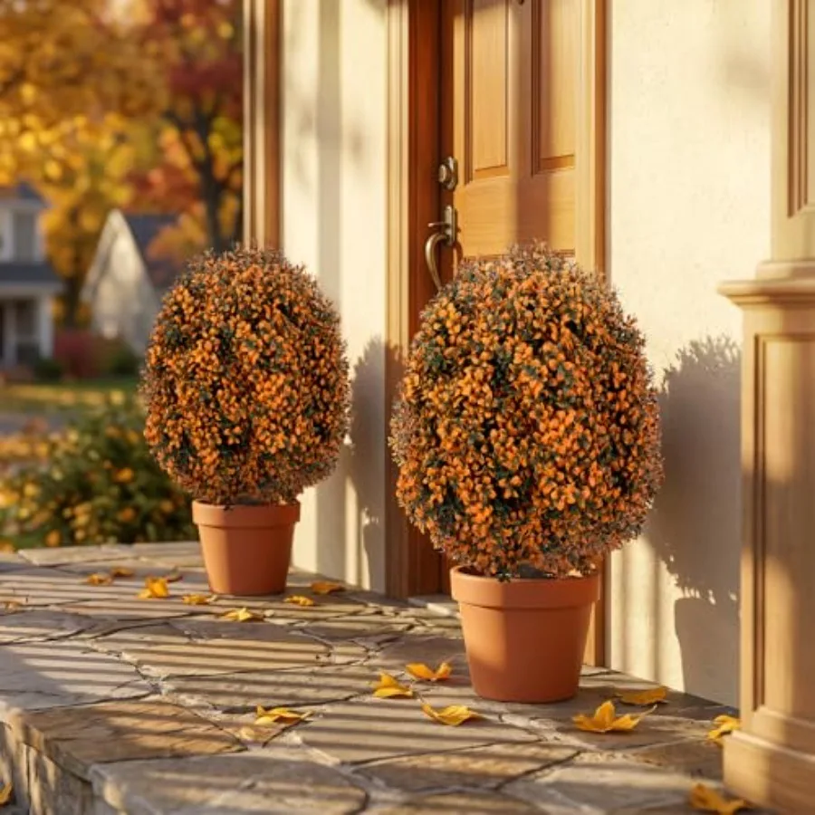 Fall Halloween decoration: burnt orange artificial boxwood topiary, UV-resistant ball bush shrubs, 27 fake trees with ground sp