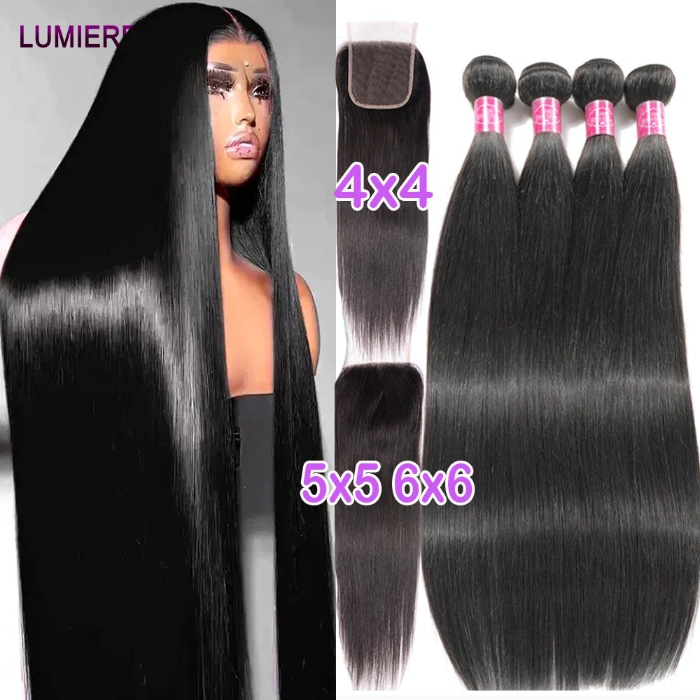 Rohe indische Knochen-gerade Bundles mit HD-transparentem Spitzenverschluss, 5 x 5 6 x 6 Frontal und Bundles 30 40 Zoll Echthaar-Doppelschuss