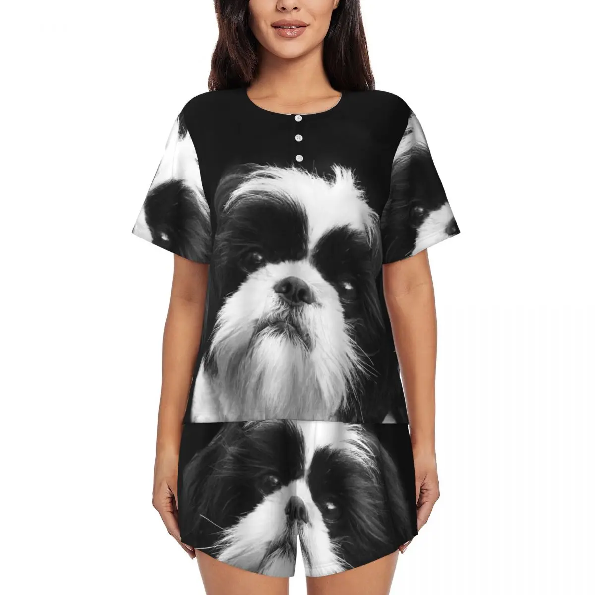 

Ночная рубашка с круглым вырезом и короткими рукавами Shih Tzu Dog1 для сна, женский свободный пижамный комплект с короткими брюками