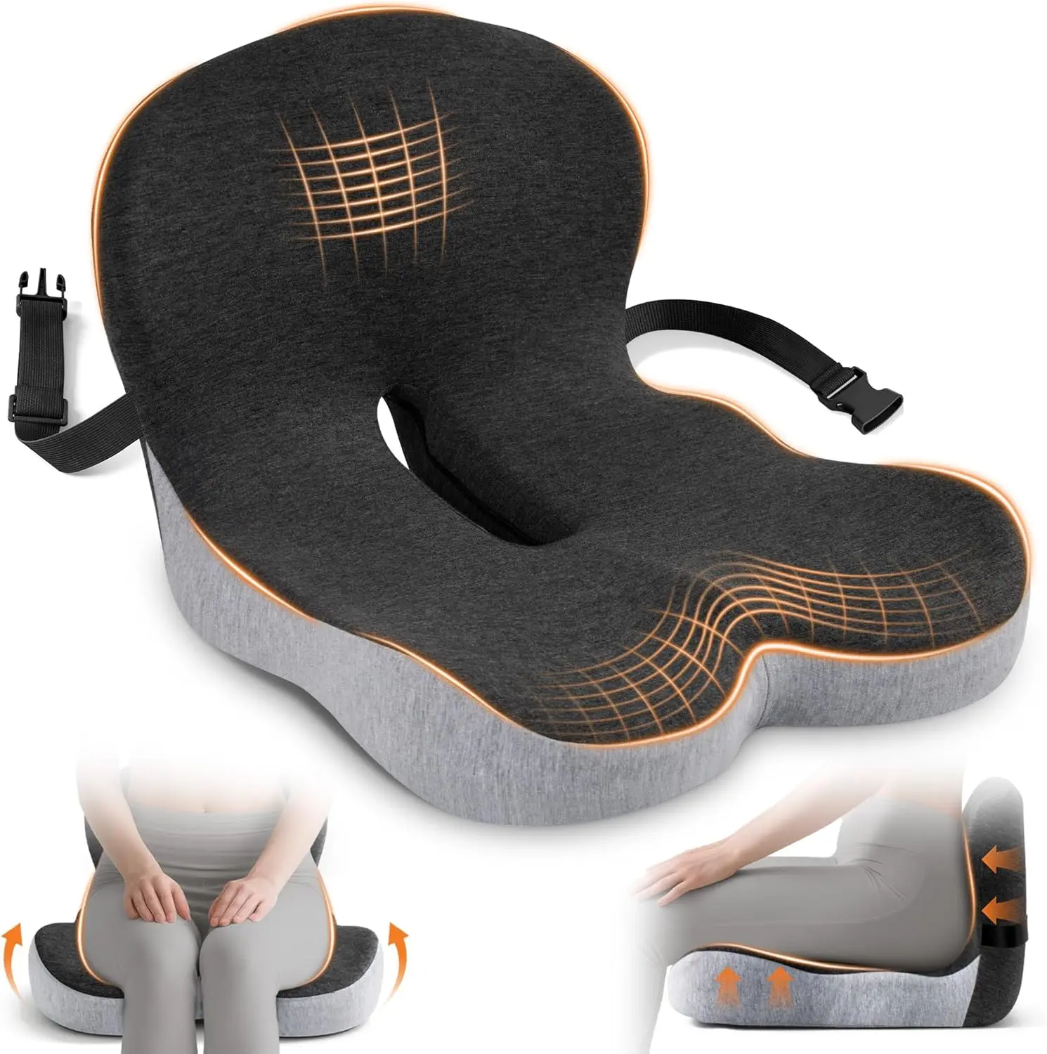 

Эргономичная L-образная подушка для сиденья из пены с эффектом памяти для офисных кресел с регулируемым ремнем, для снятия нагрузки с копчика, черно-серая