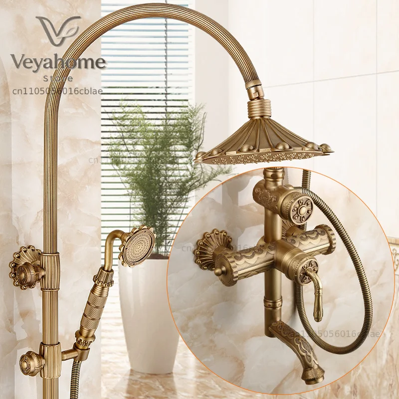 Antique Style Shower Set for Bathroom Retro Patterned Shower Luxury Faucet Set Rainfall with Spray Head