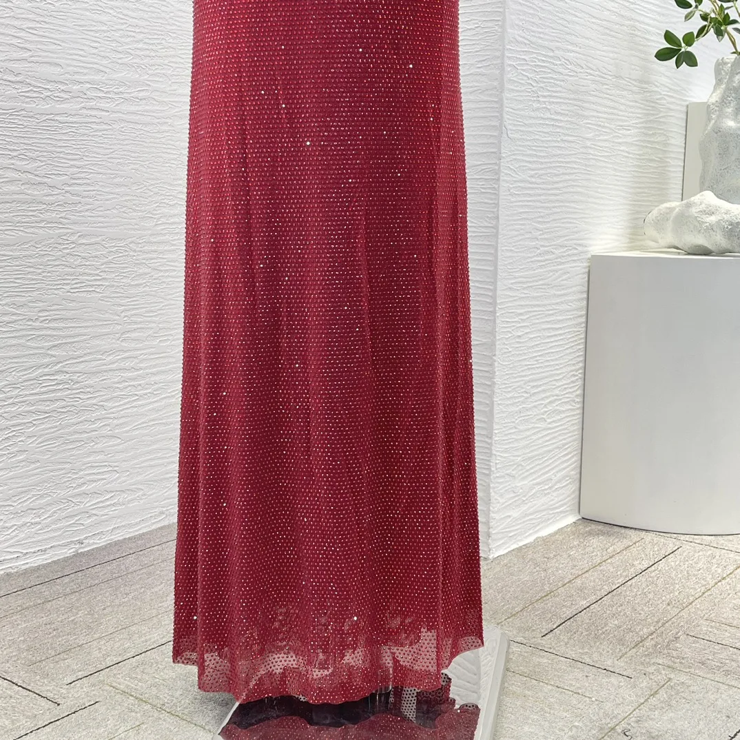 Red Graceful Diamonds Herbst Neuheiten Top Qualität Frauen Kurzarm Überlappung Falten Meerjungfrau Maxi Party Kleid