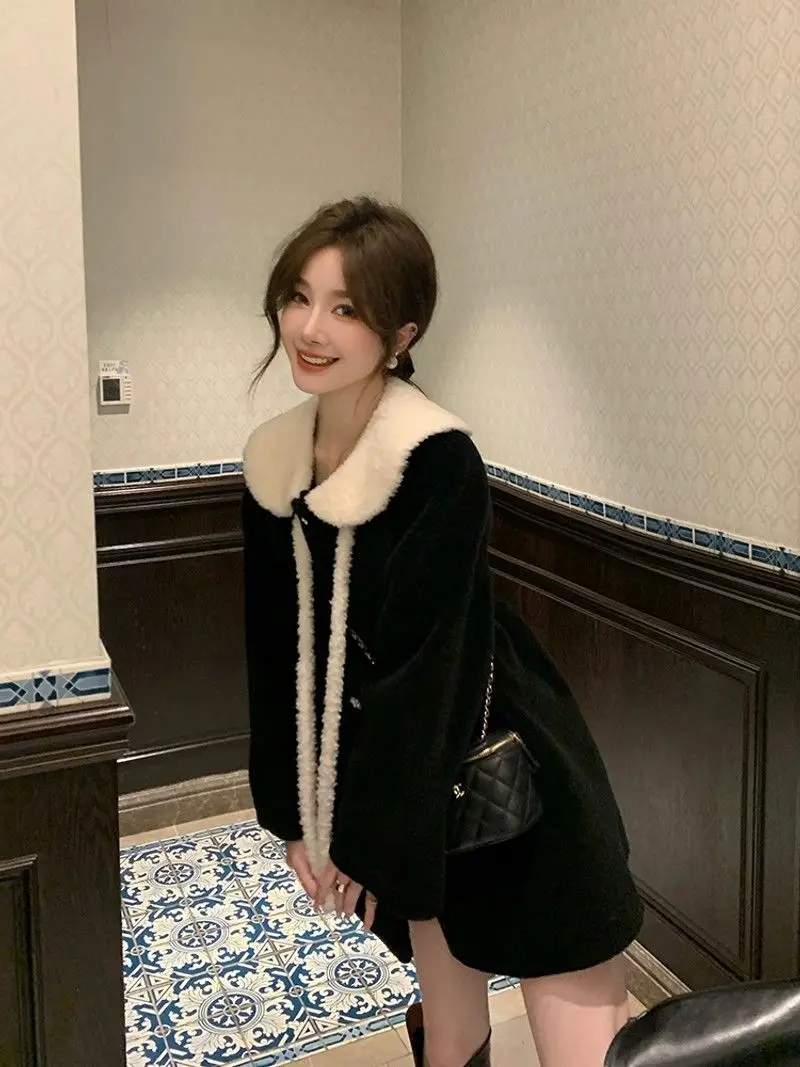 Gaganight Women Black Mink Fur Coat Women's 2024 Winter New Hot Item Cotton Thickened Faux Fur Rabbit Hair Brushed Flower Collar