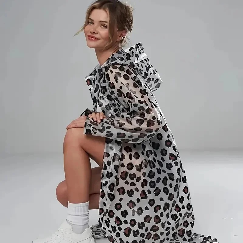 All-Season Women's Waterproof EVA Raincoat, Leopard Print Easy-Clean Hooded Rain Jacket for Outdoor Cycling & Travel