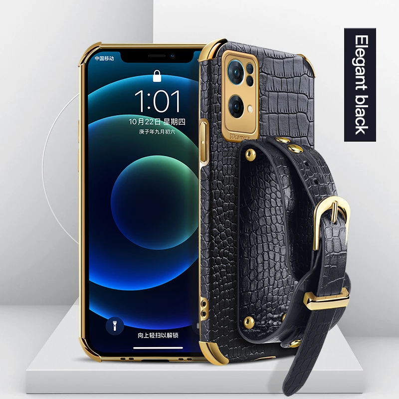 Pulseira de couro de crocodilo capa de telefone para oppo reno7 pro 7z 4g 5g suporte de pulseira anti-queda à prova de choque capa macia