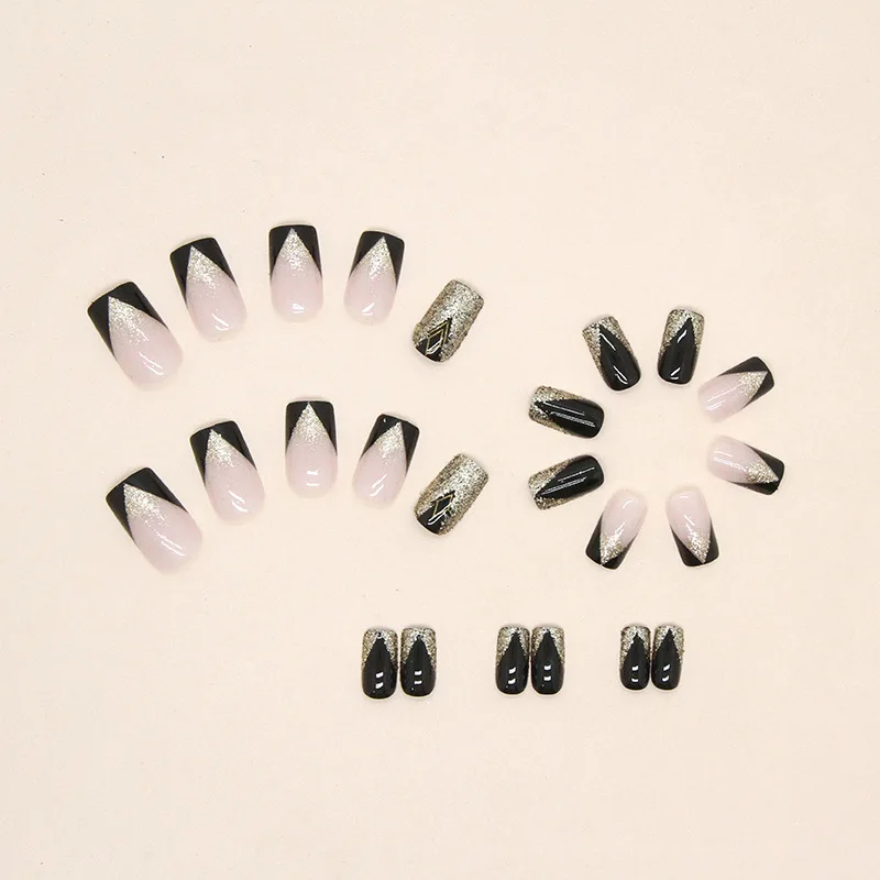

24pcs Long Coffin Press-on Nails: Black & Gold Glitter Ombre French Tips with Rhinestones False Nails With Wearing Tools