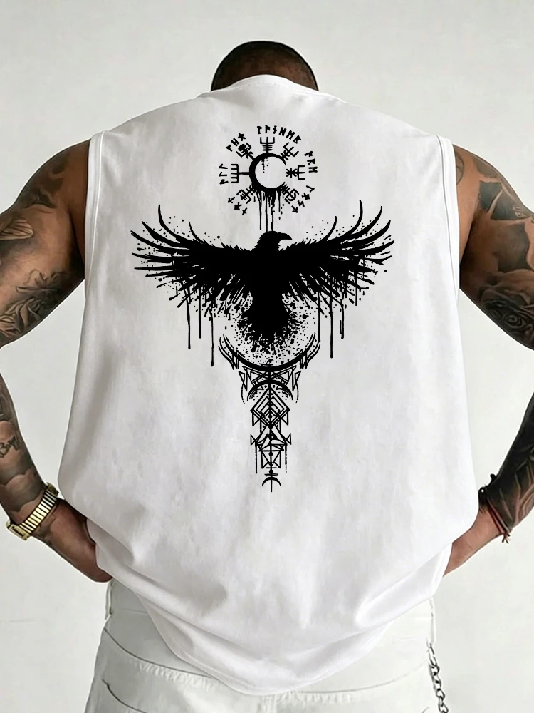 Men ,s 100% Cotton Sleeveless Tank Top Viking Raven Rune Back Print Norse Mythology Dark Aesthetic Gym Vest-T131