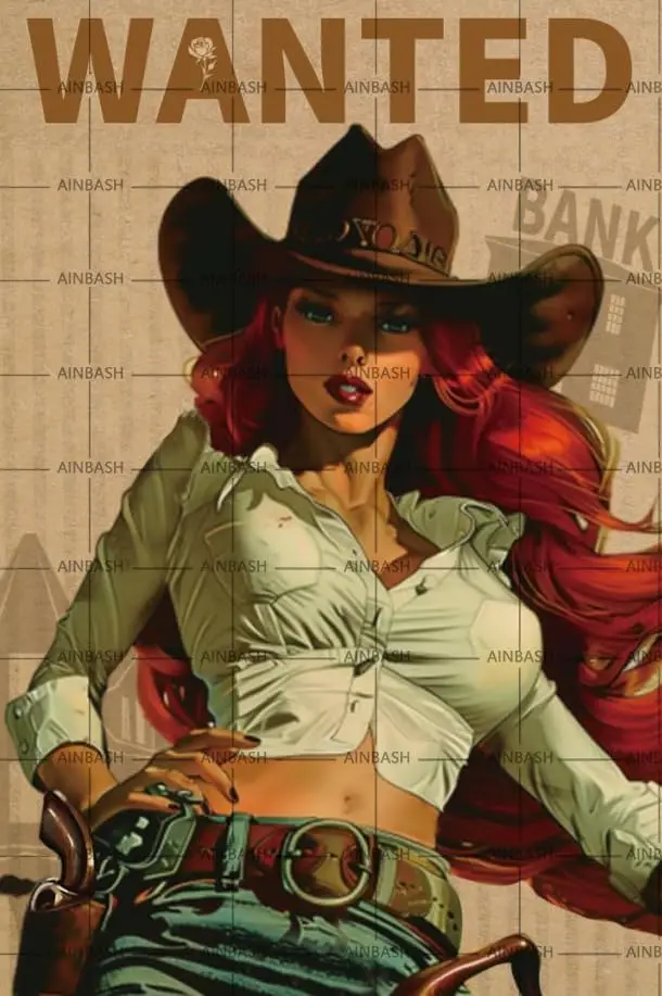 Vintage Rustic Western Cowgirl Pin Up Girl Wanted Retro Poster Plaque Metal Sign Home Decor Tin Sign Pin Up Girl Wall Art For Wi