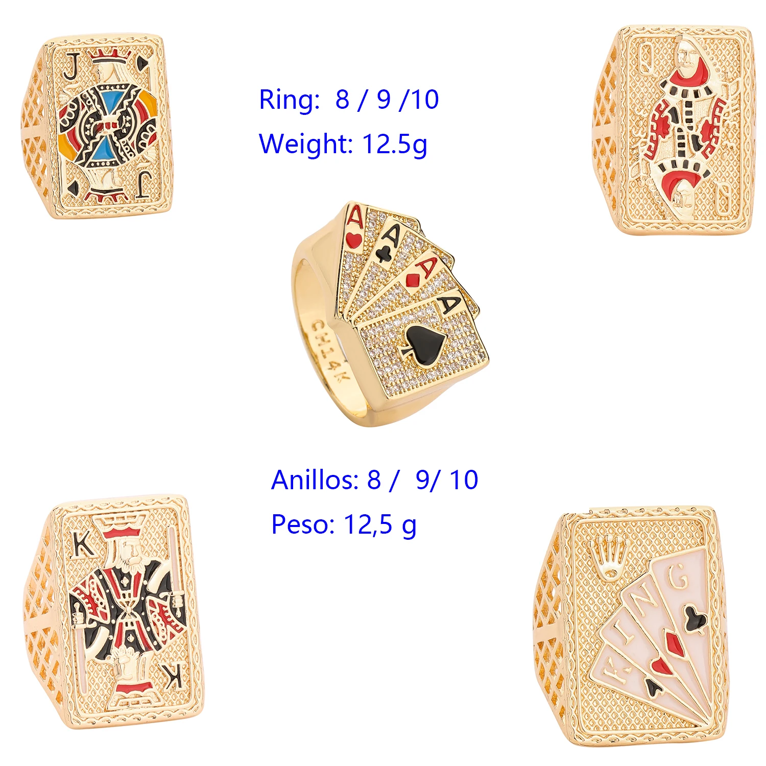 Fashionable men's ring size: 8/9/10, gambling, zircon brass, hip-hop gift for boys, playing card ring