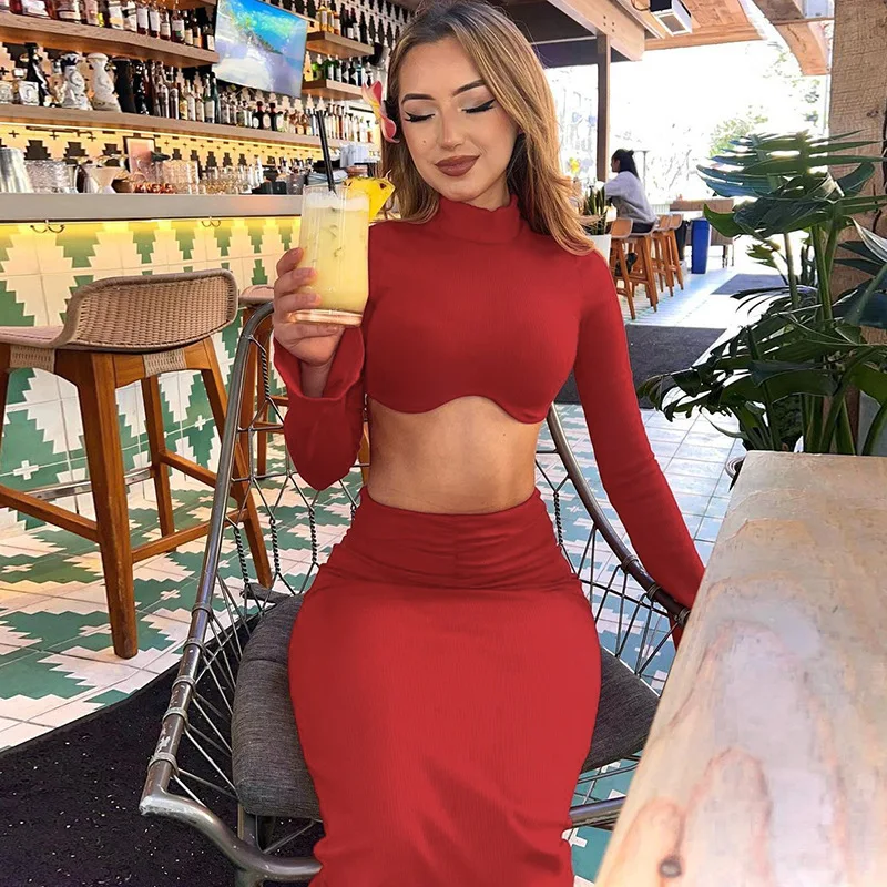 

Skirt Suit Sexy Navel-Revealing Knitted Slim-Fit Split Round-Neck Skirt Suit