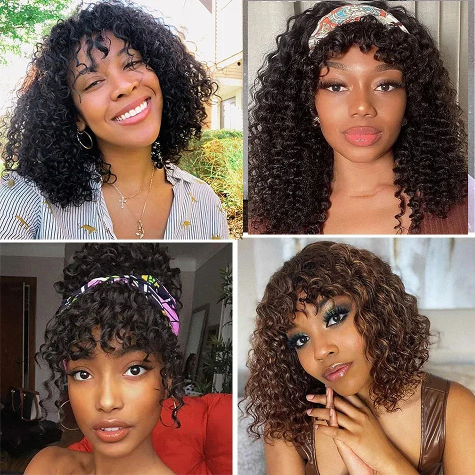 Short Bob Wig Deep Wave Curly Bob Wig With Bangs Human Hair Glueless Brazilian Scalp Top Wig Loose Deep Curly For Black Women