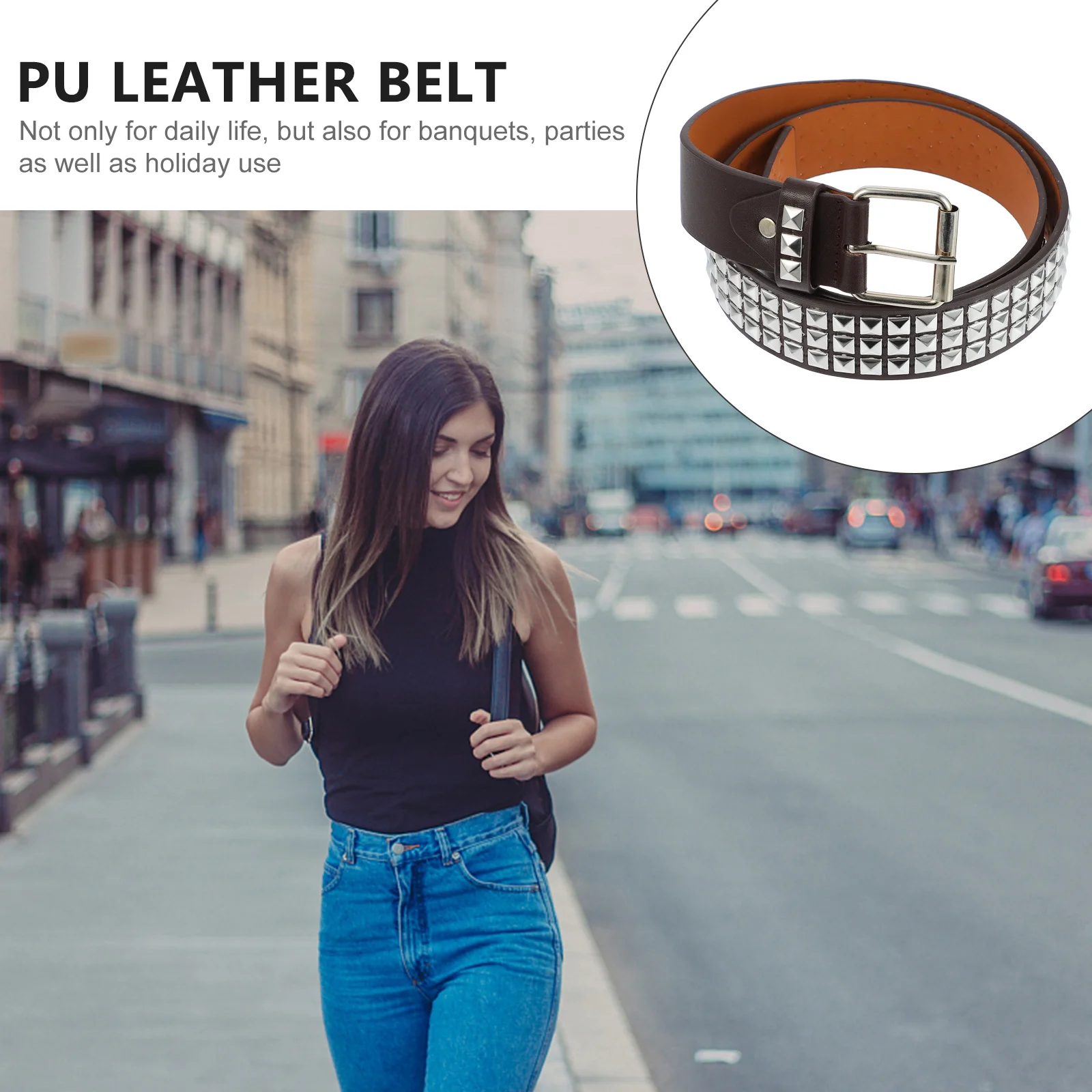 

1pc Rivet Pu Belt Decorative Waistband Fashionable Durable Belt Cool Design Chic Lightweight Easy Carry Gift For Friends