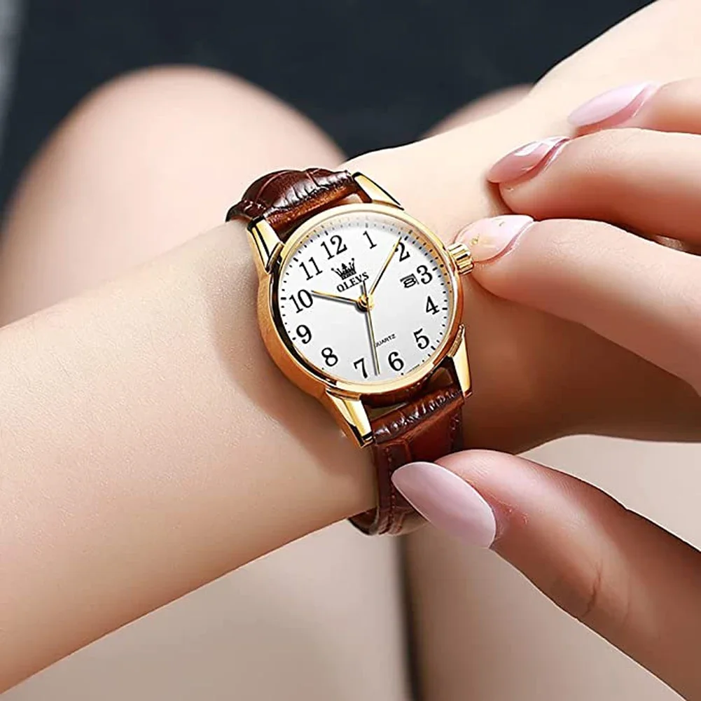 

OLEVS Fashion Quartz Watch for Women Leather Strap Auto Calendar Dial Waterproof Ultrathin Ladies Wristwatches Clock Reloj Mujer