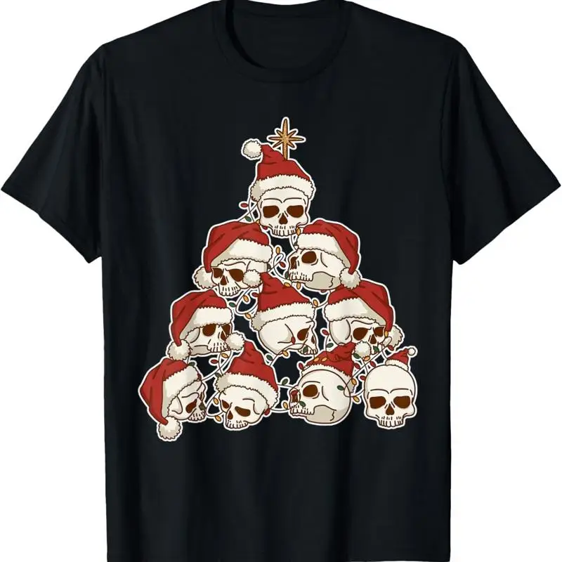 

Санта-череп Рождественская елка Забавный скелет Готическая праздничная футболка пот