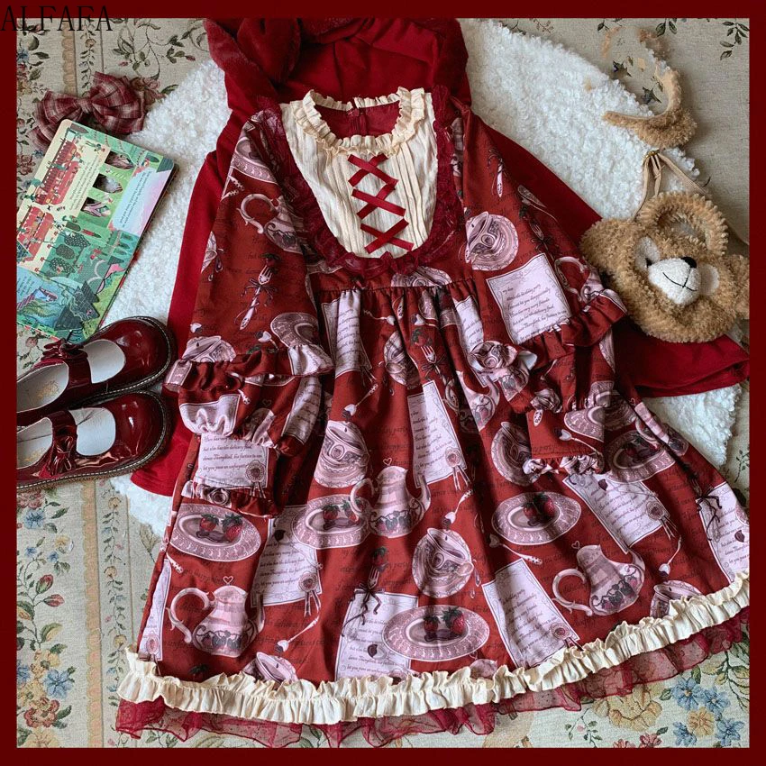 Robe Lolita Vintage en dentelle imprimée, col haut, col croisé, manches longues, vêtements de princesse, cadeau Jk Kawaii pour poupée fille