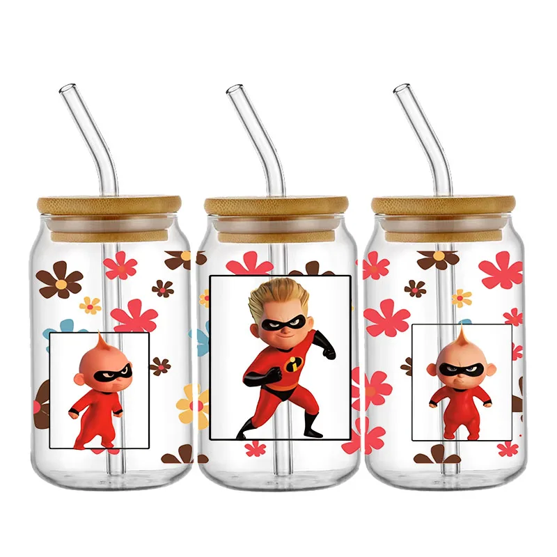 The Incredibles Disney Cartoon Stickers UV DTF Transfer Cup Wraps For 16OZ Glass Bottle Can Waterproof Cup Wrap Custom DIY Label