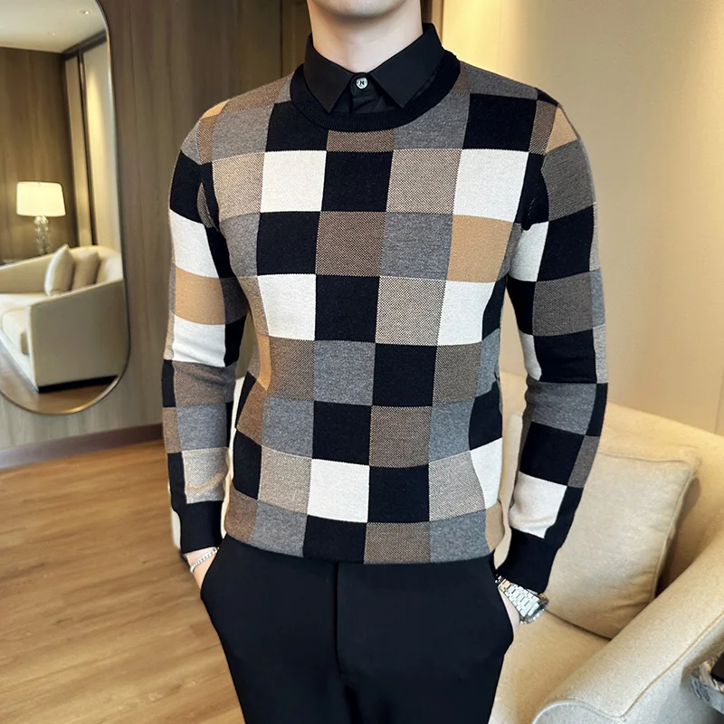 2024 Spring/autumn Fake Two Pieces Knitted Sweater Men Korean Slim Fit Casual Business Knitwear Shirt Collar Tops Men Clothing