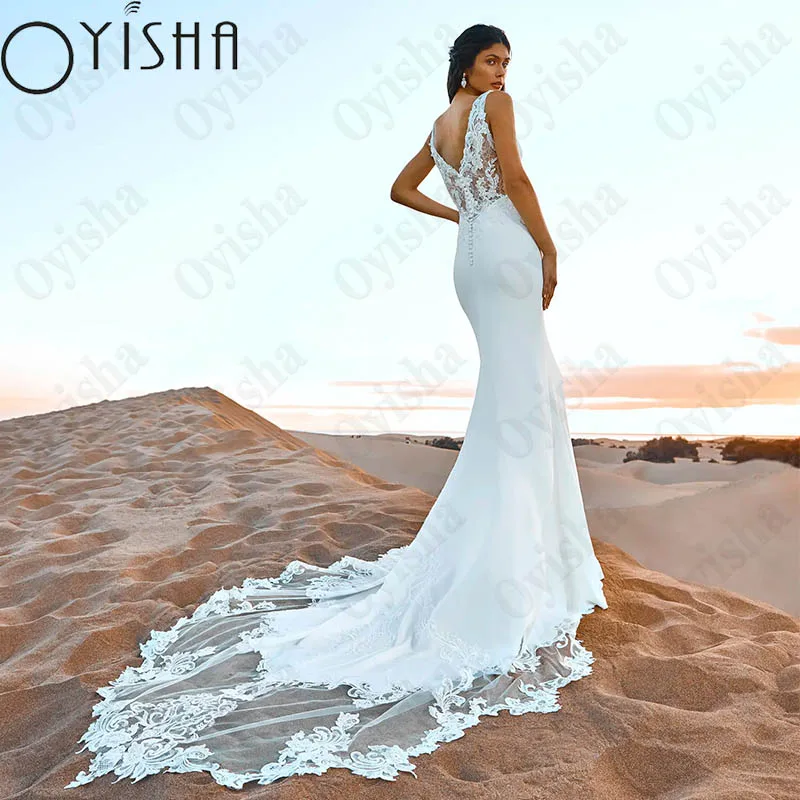 Oyisha Fashion Spaghetti Straps Wedding Dress Open Back Appliques Bridal Gowns V-Neck Satin Mermaid Vestido De Novia Custom Made