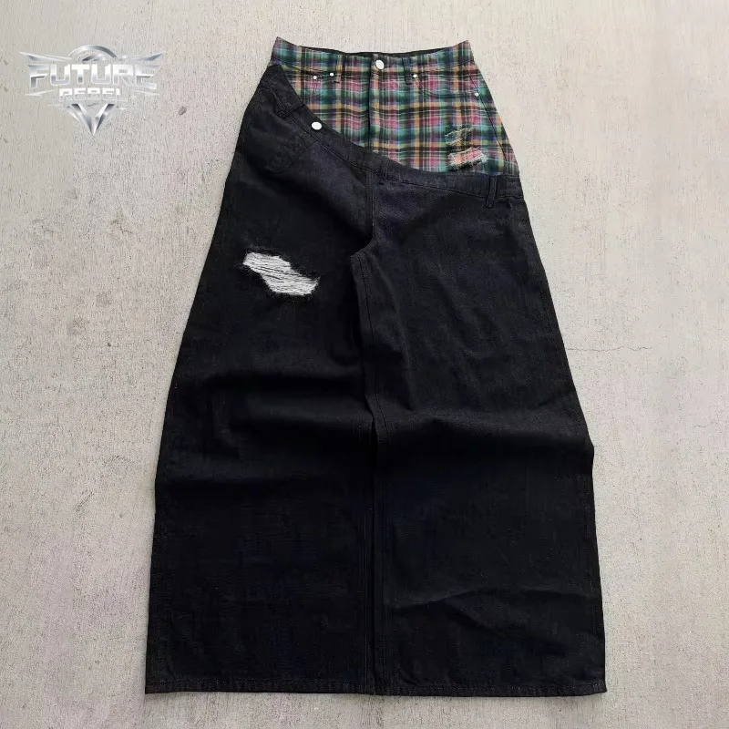 

Mens Jeans Vintage Plaid Patchwork Denim Pants Harajuku Unisex Loose Fit Wide Leg Floor Length Hip Hop Streetwear Fashion Trend