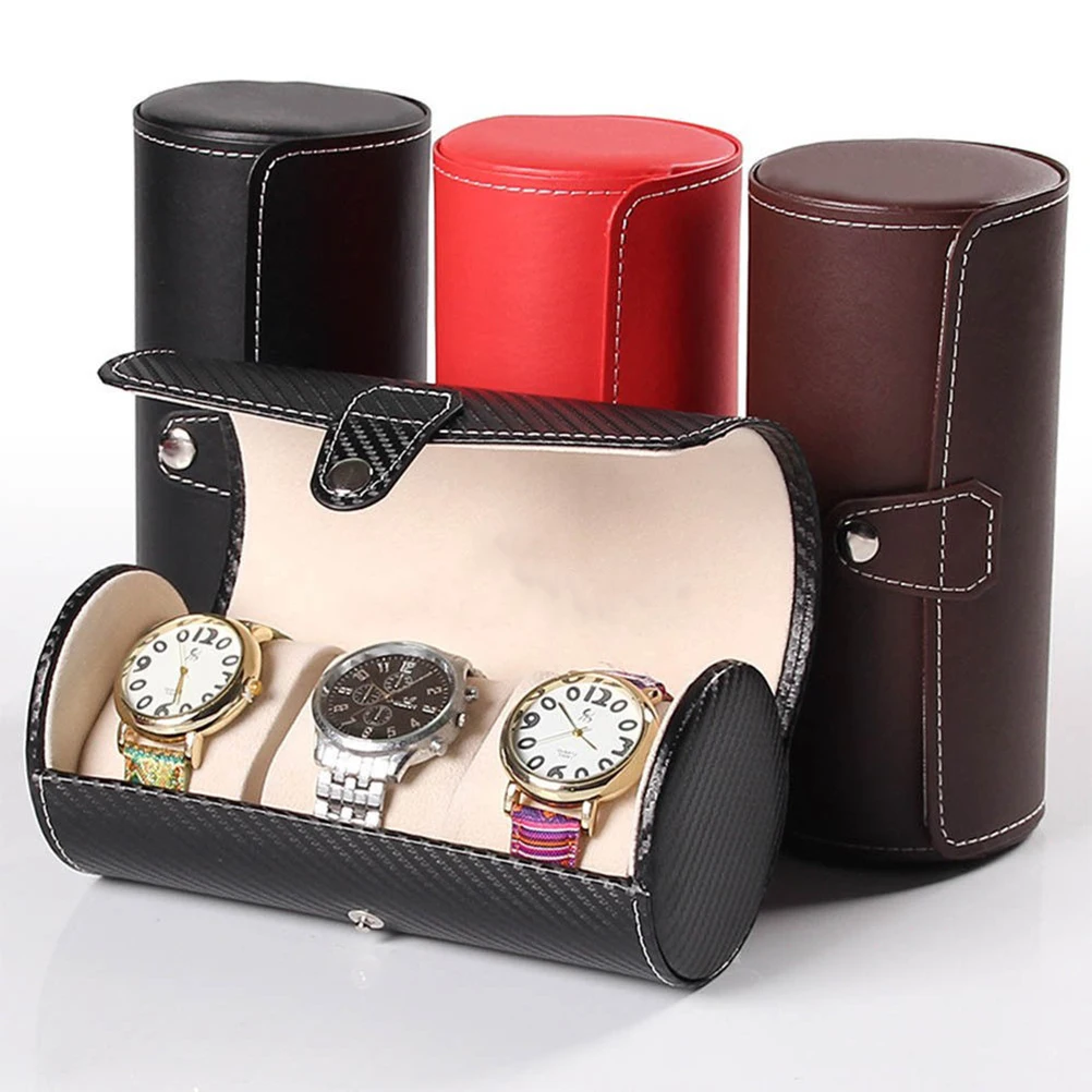 

Portable Watch Box 3 Compartments PU Cylindrical Travel Dust Proof Storage Case For Watches Jewelry Organizer Display