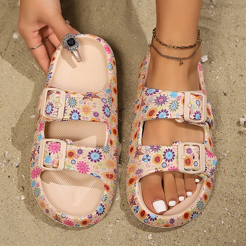 Fashion Printed Non Slip Beach Slippers Women Double Buckle Design Platform Slippers Woman Soft Thick Bottom Cloud Slides Shoes