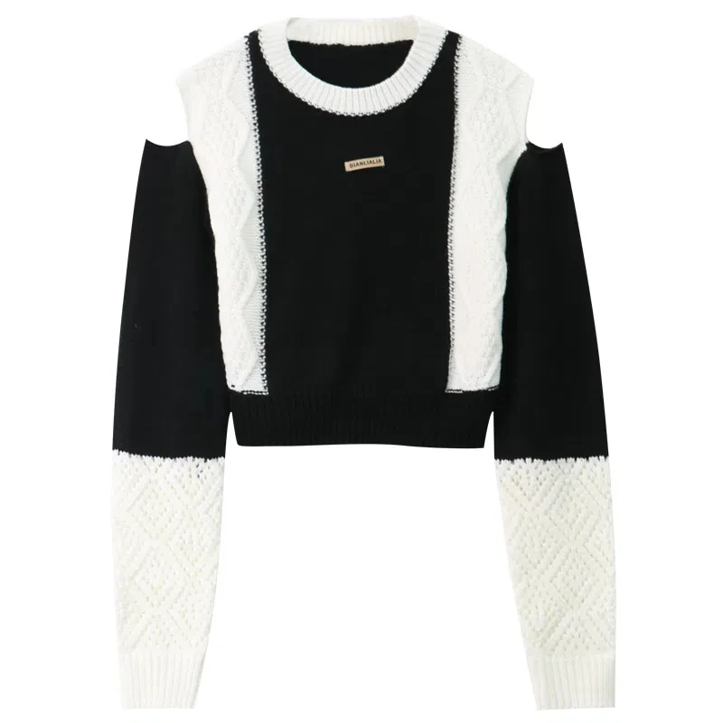 Hotsweet Sweater Off Shoulder Cut Out Crop Top Elastics Loose Hollow Out Black White Patchwork Long Sleeve Top Knitting Autumn