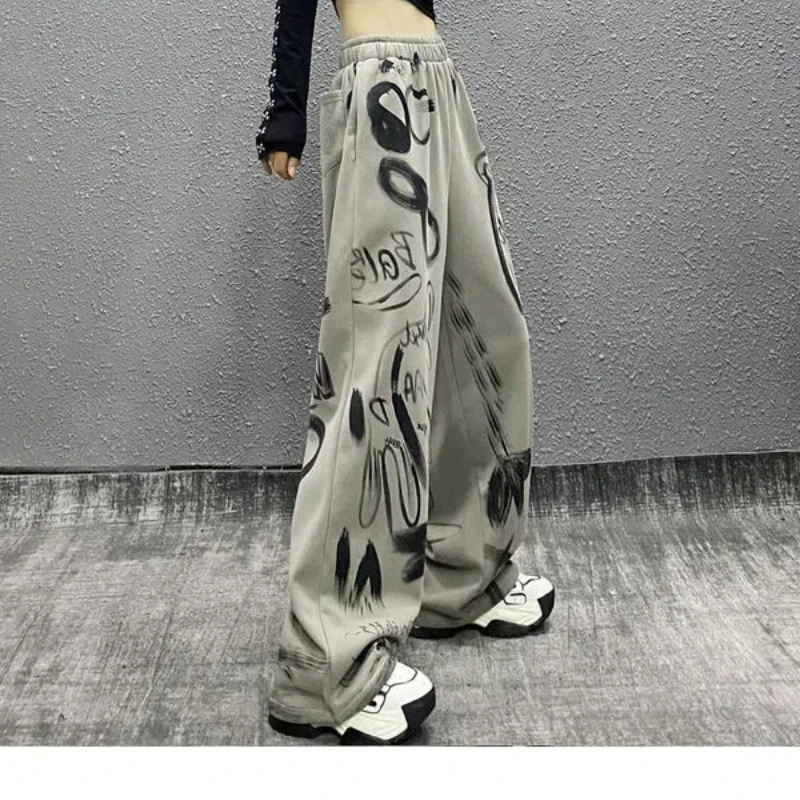 Trendy Ink Printed Loose and Versatile Sports and Leisure Women's Autumn and Winter New Style High Waist Slimming Straight Pants